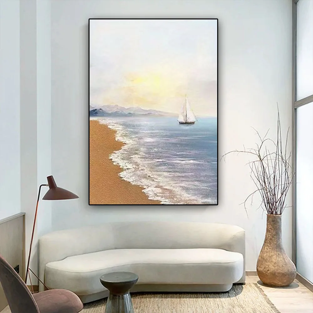 

Abstract Seascape Oil Paintings Sunrise Sailing Ship Wall Art 100% Handmade Landscape Canvas Pictures Decor Home Gold Mural