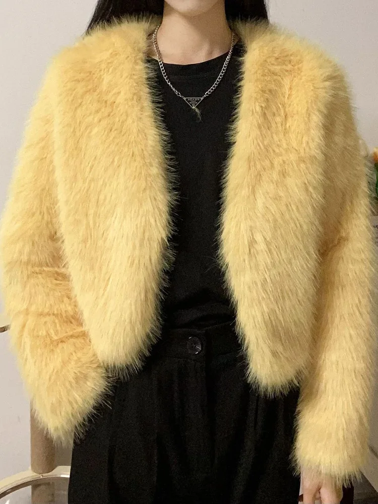 

Sweet Yellow Faux Fox Coat Women Slim Long Sleeve Sexy Cropped Jacket Korean Vintage V Neck Female Winter Elegant Outwear Tops