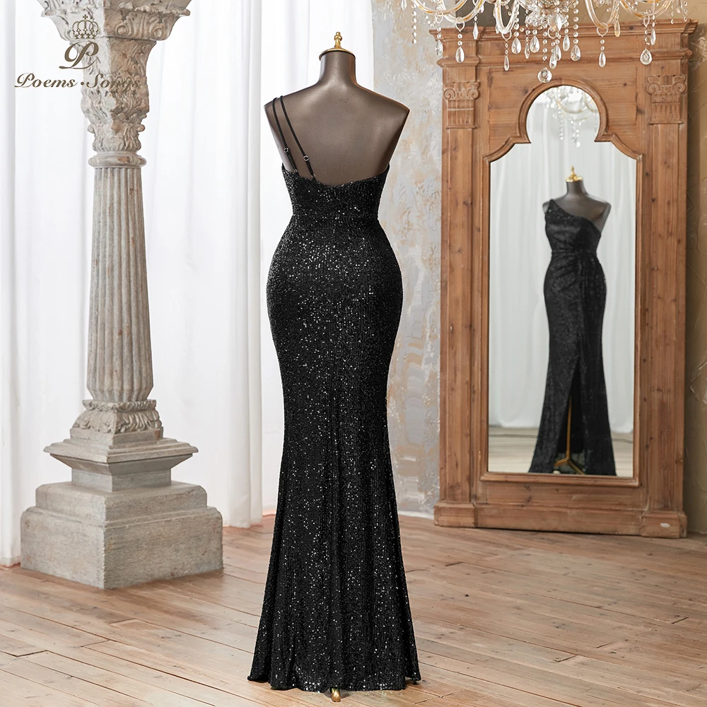 Elegant Black Sequin Evening Dress with One-Shoulder Design and High Slit vestidos de noche Perfect for Formal Events