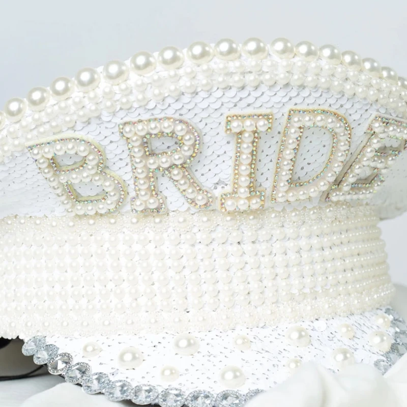 Sparkling Captain Hat Heavy Crystal Sequins Pearls Hat for Bachelorette Party Captain Hat Bride Hat for Actor Actress