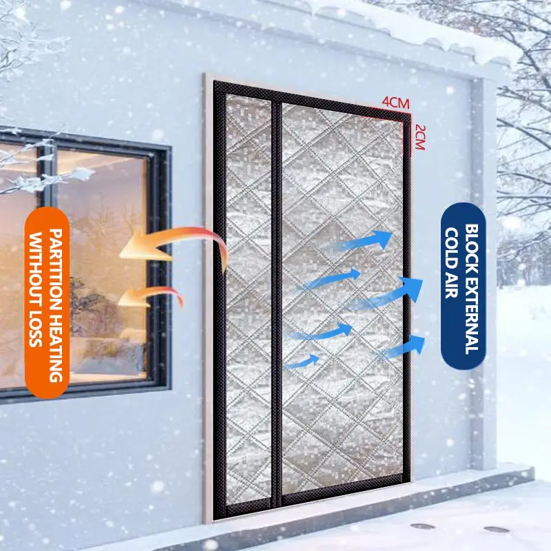 Magnetic side opening cotton door curtain, winter self-adhesive no punching, anti cold, anti freezing balcony windshield curtain