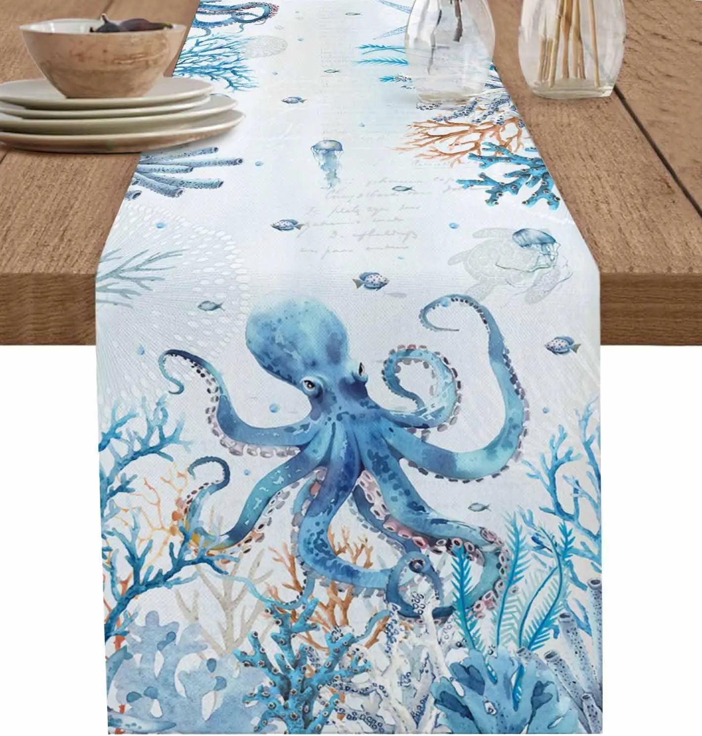 Summer Marine Organism Octopus Jellyfish Linen Table Runner Dresser Scarf Reusable Kitchen Dining Table Runners Party Decoration