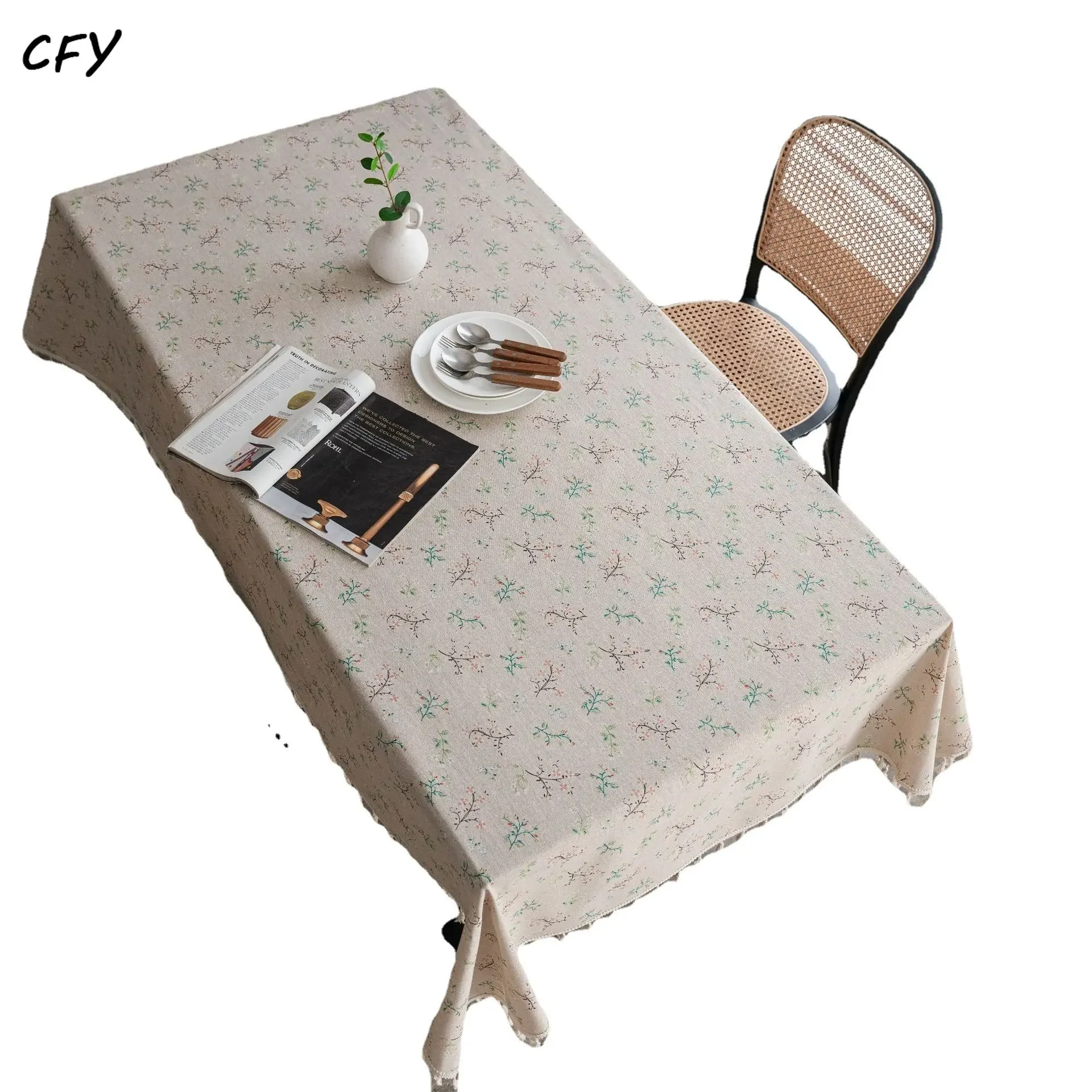

Korean Printing Pastoral Retro Cotton Linen Tablecloth for Table Rectangular Tablecloth with Tassel Dining Table Cover Tea Cloth