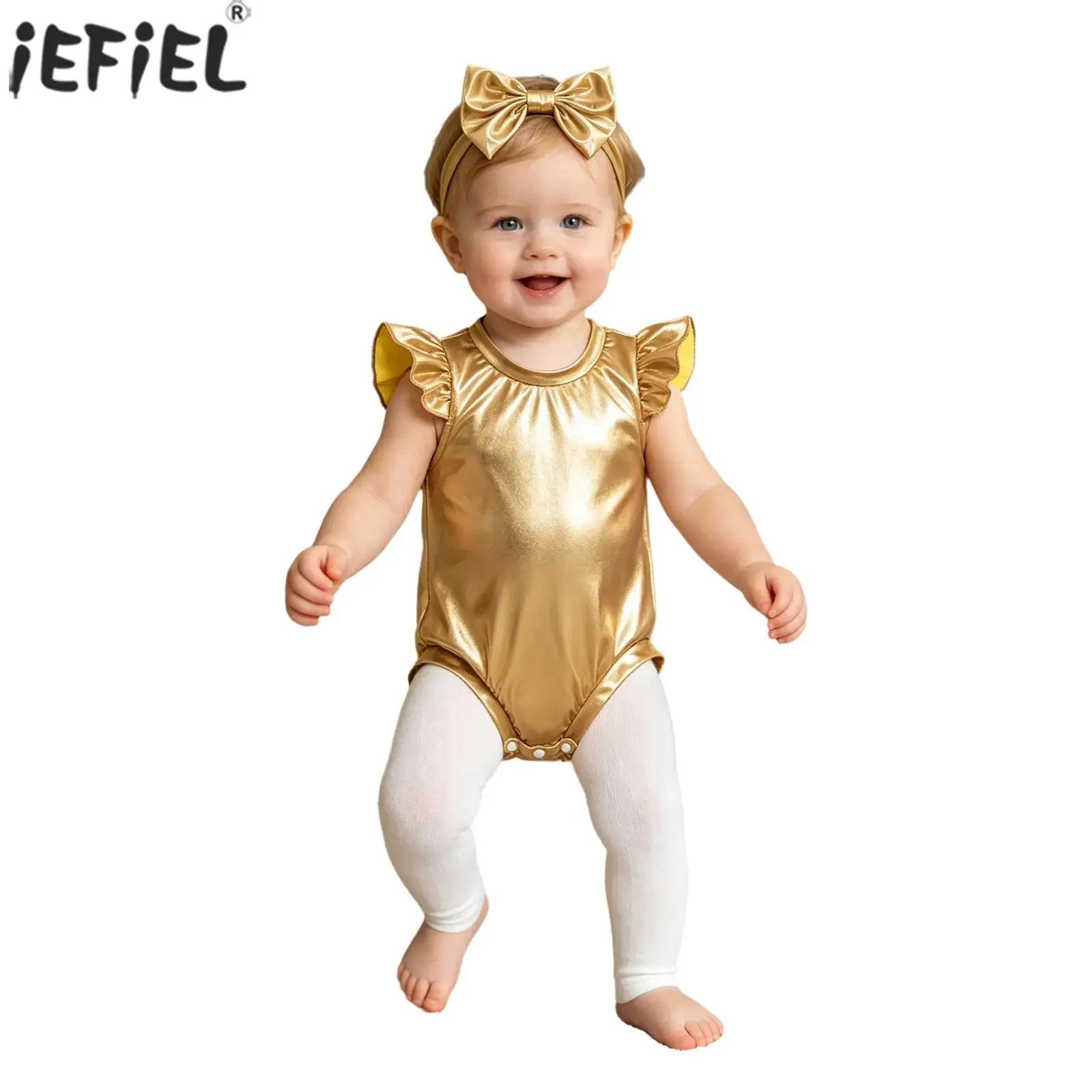 

Baby Girls Clothes Birthday Party Photography Outfit Ruffled Sleeves Metallic Shiny Romper with Bow Headband Newborn Home Coming