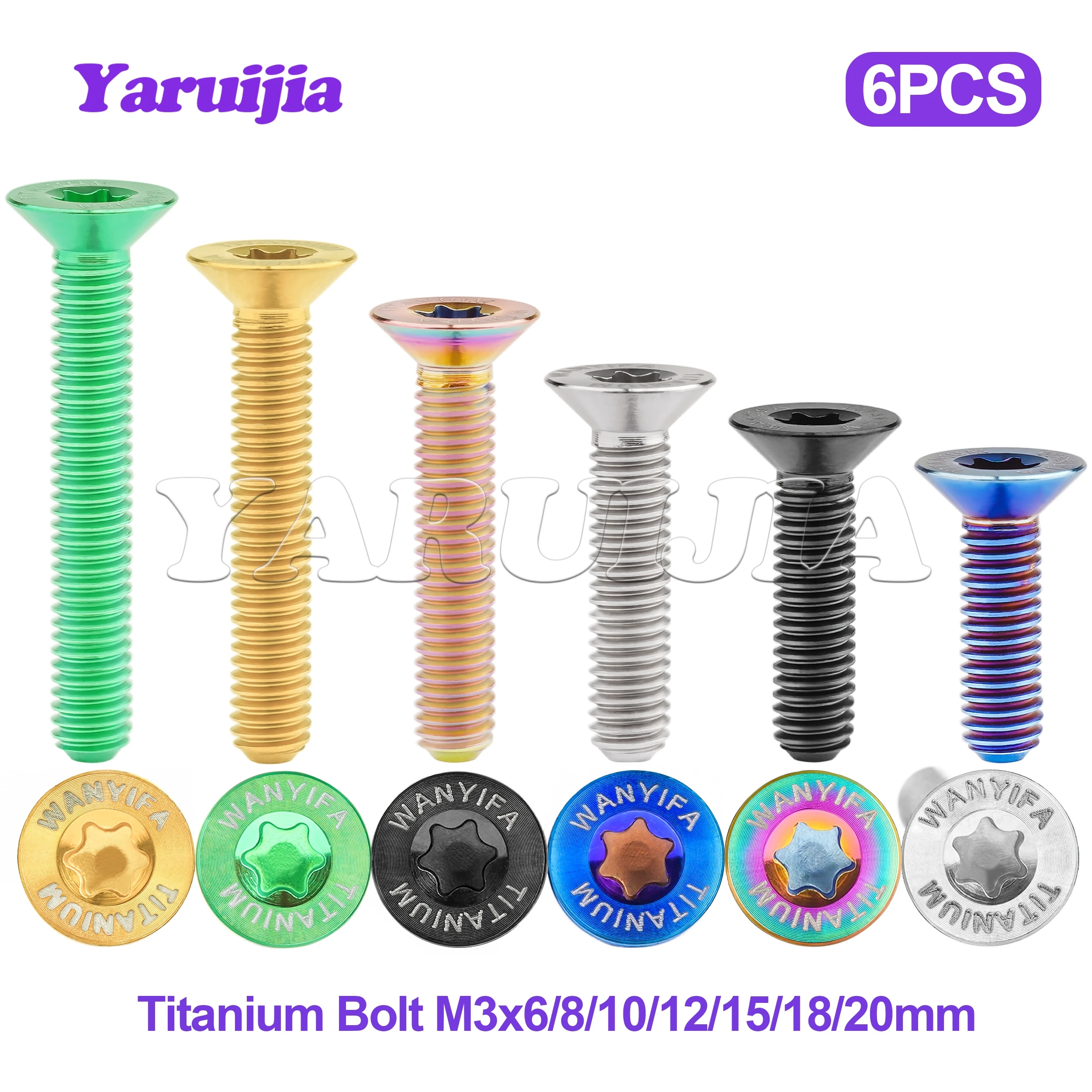 Yaruijia Titanium Bolts M3x6/8/10/12/15/18/20mm T10 Torx Flat Countersunk Head Screws Universal fasteners 6pcs