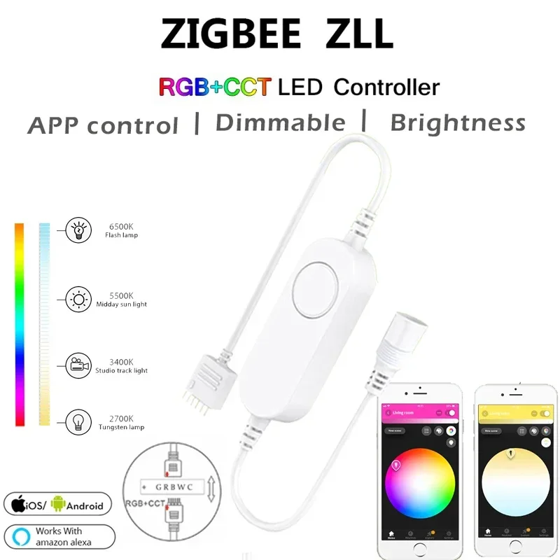 Контроллер ZIGBEE 3,0, 12 В постоянного тока, Smart 5050 RGBCCT RGB + W + CW, Светодиодная лента, стандартный комплект для Tuya Smartthings Echo