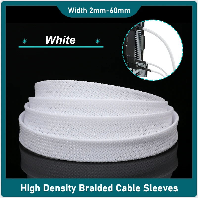 1-50m White PET Expandable Cable Sleeve 2mm-60mm Tight Braided High Density Hardness Insulated Line Protection Wire Wrap Sheath