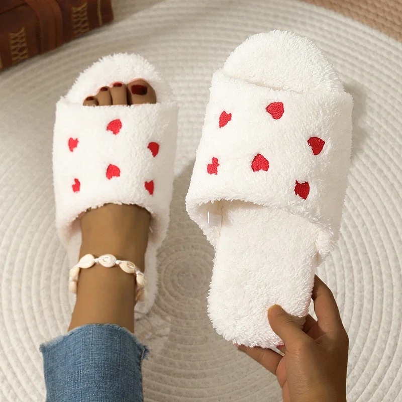 Heart Embroidery Open Toe Plush Slippers Women Comfortable Non Slip Soft Sole Home Slides Woman Light Fluffy Indoor Floor Shoes