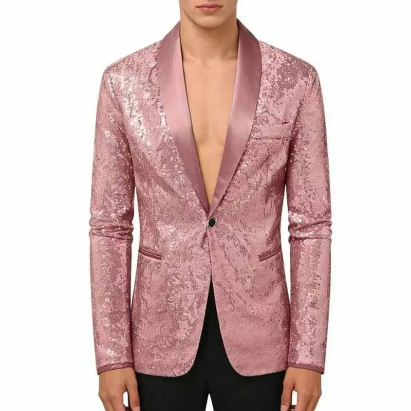 Men Pink Sequin Tuxedo Jacket Shawl Satin Lapel Single Button Blazer Slim Wedding Groom Prom Party Stage Singer Nightclub Coat
