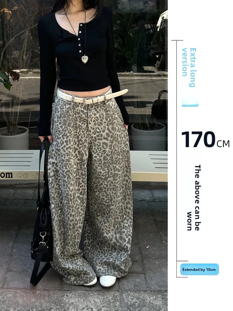 

Waed American Sle High Waist Wide Leg Jeans for Women Extra Long Version Leopard Print Loose Fit Autumn Winter Denim Pants
