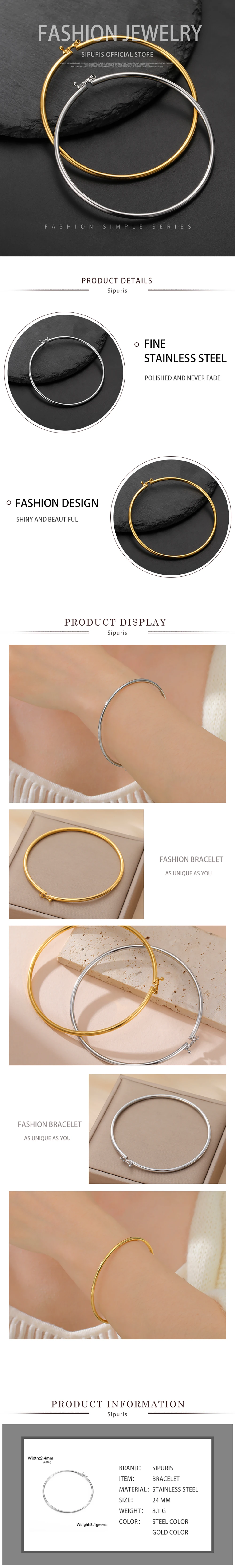 Sipuris 2,4 mm breites, glattes Armband für Damen und Herren, Edelstahl, goldfarben, trendige Geometrie, runder Schmuck, Hochzeitsgeschenke – Detail 3
