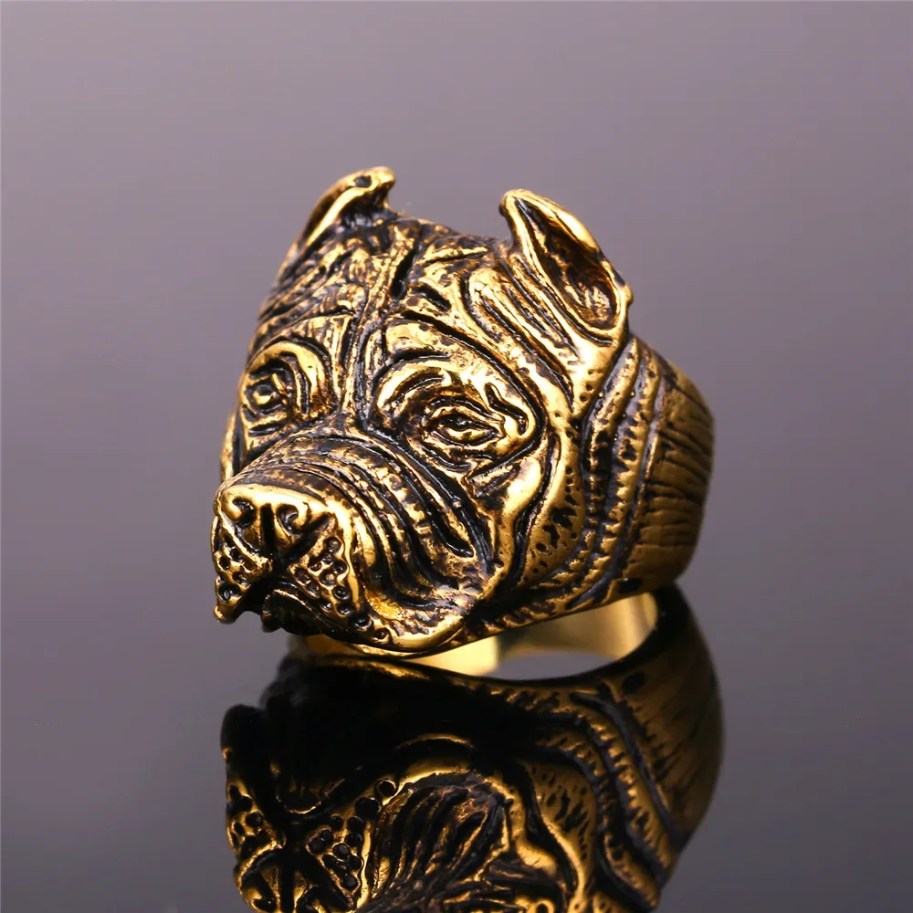 U7 French Bulldog Punk Ring Men Gold Color Stainless Steel Animal Cute Pet Vintage Style Jewelry QC24