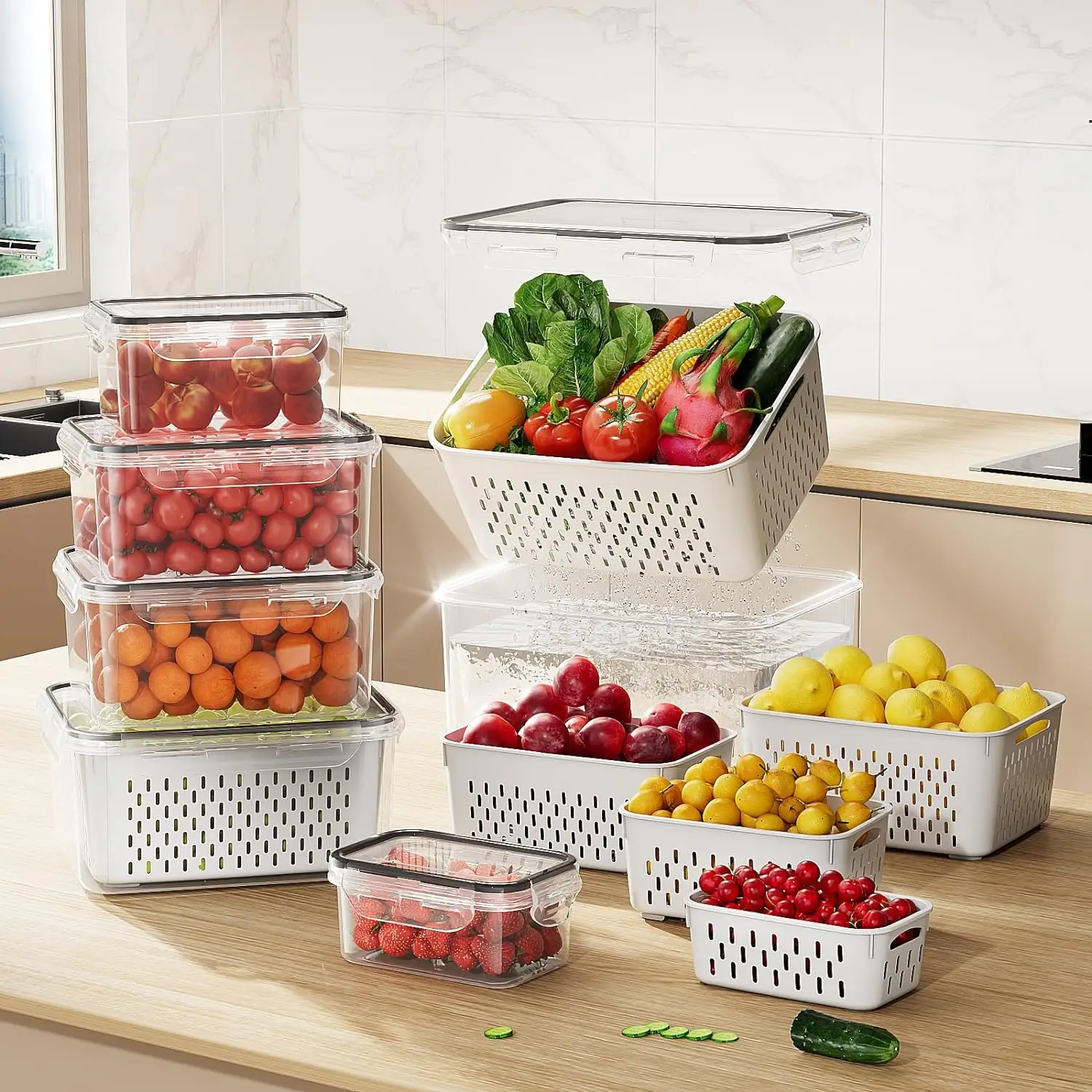 

3-Pack Fruit Storage Containers for Fridge with Colander BPA-Free Container For Vegetables, Berries and Meat Stay Fresher Longer