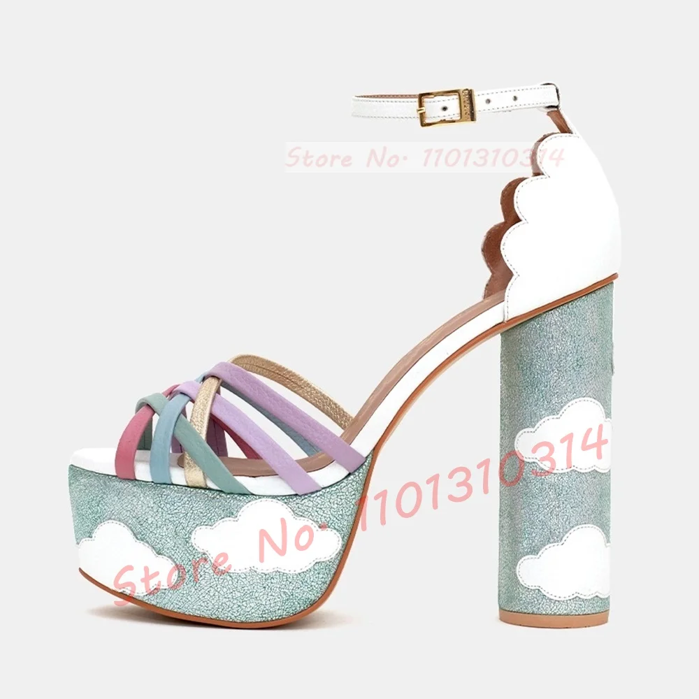 Multicolor Straps Platform Sandals Women Sweet Cloud Decals High Block Heels Shoes Girl\'s Party Open Toe Summer Rainbow Shoes