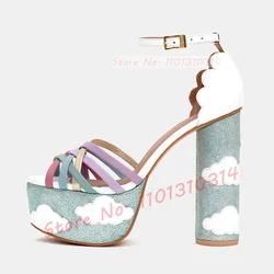 Multicolor Straps Platform Sandals Women Sweet Cloud Decals High Block Heels Shoes Girl's Party Open Toe Summer Rainbow Shoes