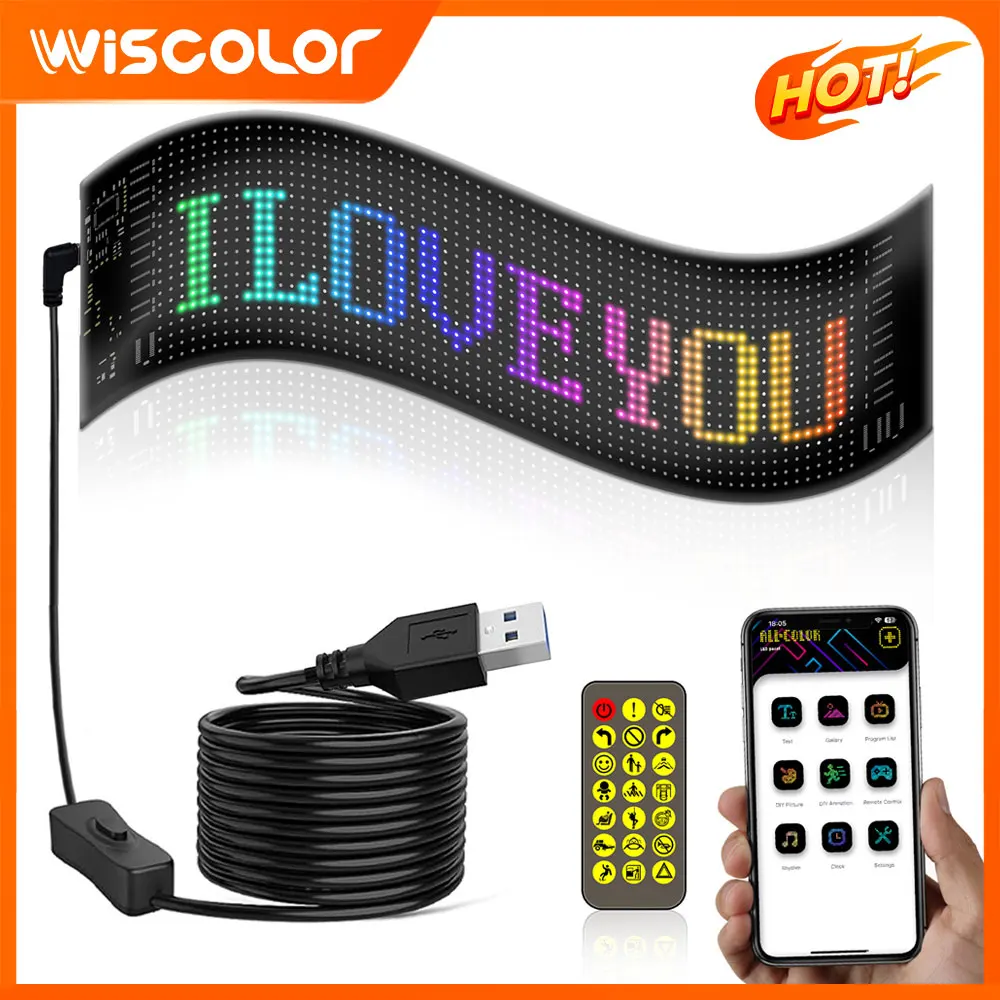 Panneau LED flexible pour voiture, à programmer, avec éclairage RGB, contrôle intelligent, affichage décoratif, défilement, lumière publicitaire lumineuse et animation.