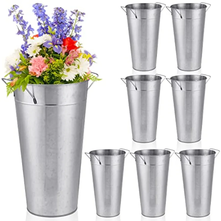 

8 Pcs 13.8 Inch Galvanized Flower Bucket Metal Vases for Flowers Farmhouse Rustic French Flower Bucket with Handle for Wedding