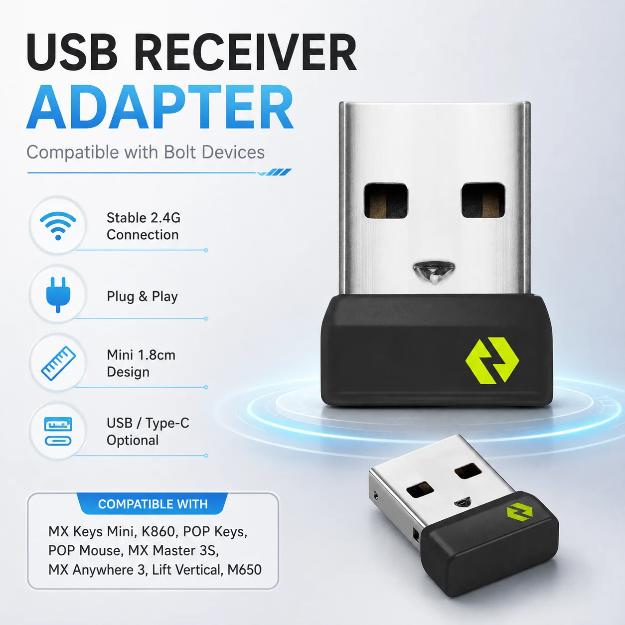 USB Wireless Receiver Adapter for Bolt MX Keys Mini K860 POP Keys POP Mouse MX Master 3S MX Anywhere 3 Keyboard Mouse Dongle