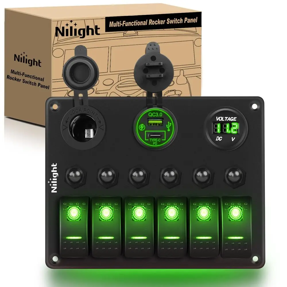 

6 Gang Rocker Switch Panel Waterproo Pre-Wired Panels with PD Type C and USB Cigarette Lighter Socket Voleter 12V 24V ON O Switc