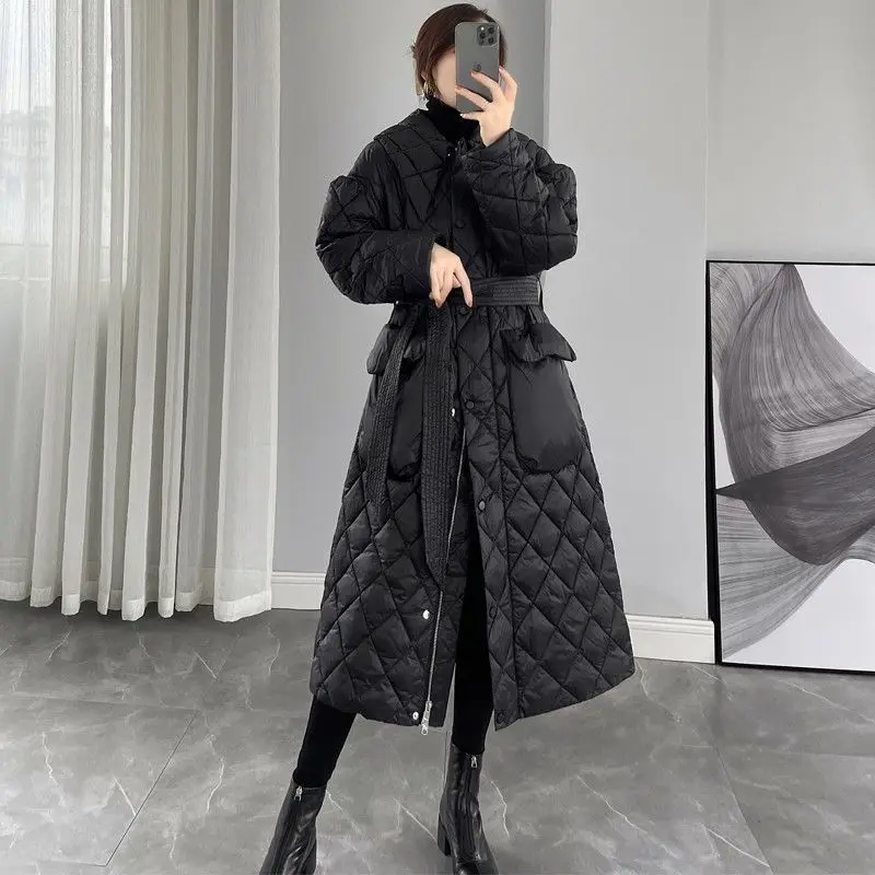 Women' Winter Lace-up Diamond Plaid Black Down Jacket Women's Mid-length Over The Knee Shiny White Duck Down Jacket Is Exquisite