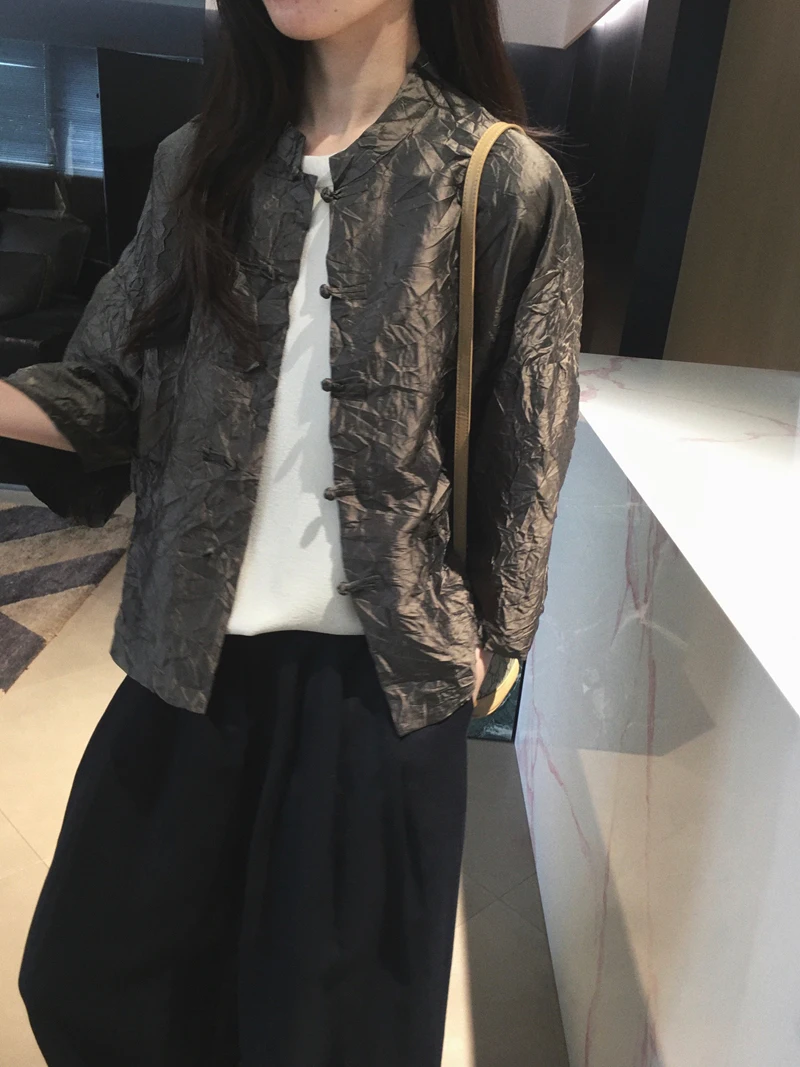 

Cuijia Color Woven Taffeta Silk Jacket Stand Collar Chinese Style Gravity Creased Outerwear Batwing Sleeve Thin Loose Fit
