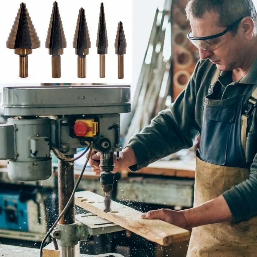 5Pcs 50 Sizes Step Drill Set Cobalt Titanium Triangle Multiple Hole Drill Spiral Conical Carbide Cone Drill Perforator Tool