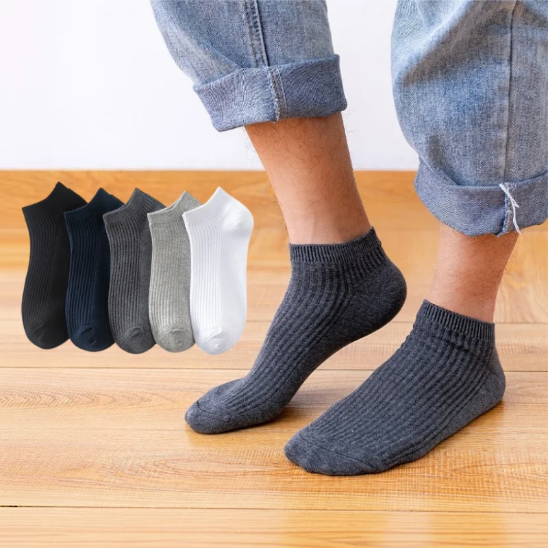 5 Pairs Men's Breathable Double Needle Ribbed No Show Ankle Socks Solid Color Cotton Moisture Wicking Short Socks