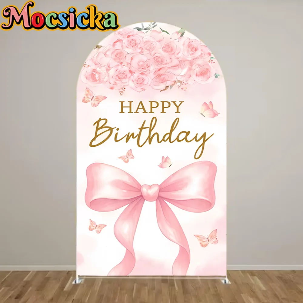 Custom 2-Sided Pink Bow Chiara Arch Wall Backdrop Cover Princess Girls Happy Birthday Party Baby Shower Decor Background