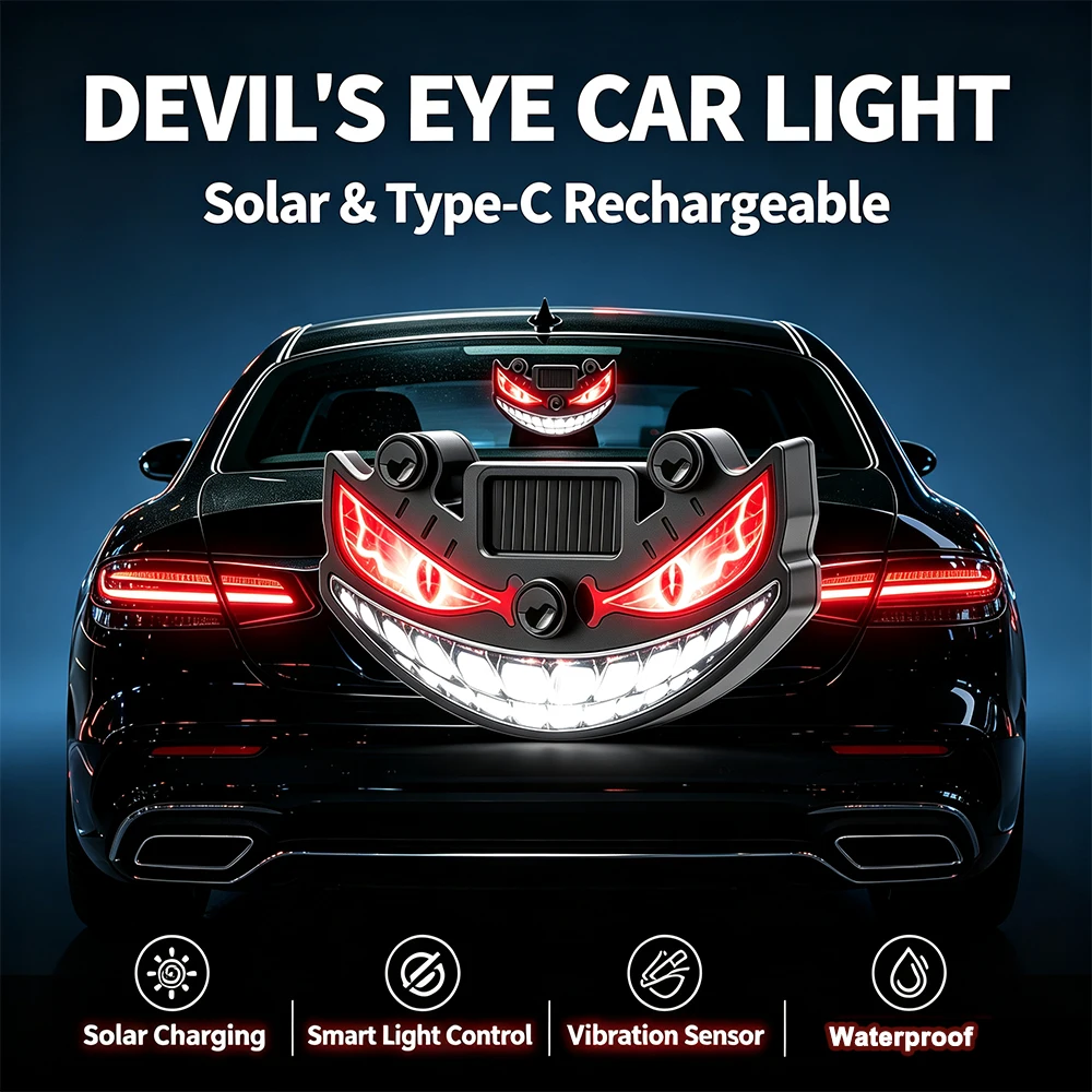 Solar Devil Eye Car Warning Light Suction Cup Mount Rear Window Decor Auto Strobe Light Windshield Multi‑Light Modes Vibration