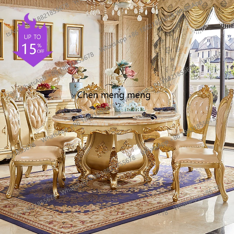 

Обеденный стол в европейском стиле, полностью из массива дерева, круглый, для виллы или отеля, с поворотной столешницей, мраморный обеденный стол и стулья.