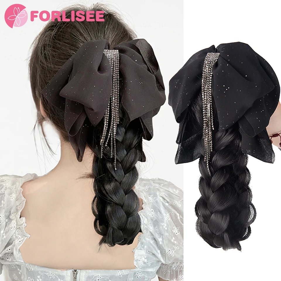 

FORLISEE Synthetic Wig Ponytail Women Tassel Bowknot Claw Clip Low Ponytail Natural Fluffy Braid Wig