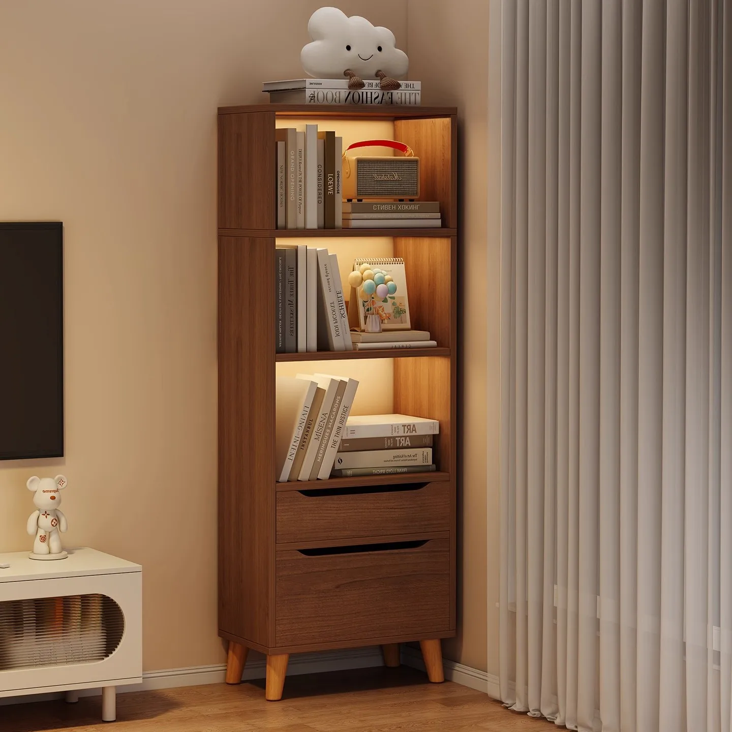 Bookcase Floor-to-ceiling Locker Living Room Storage Cabinet TV Side Cabinet Standing Cabinet Corner Crack Dust-proof Display