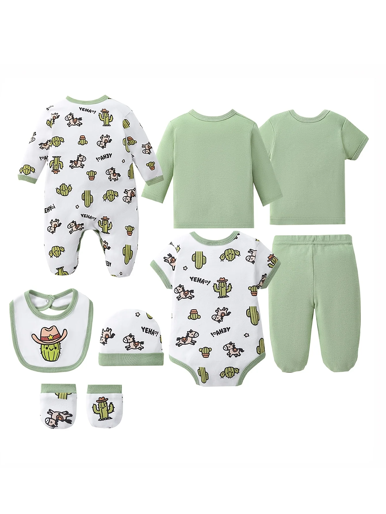 8-pc Cute Unisex Newborn Layette Sets Spring Summer, Hospital Home Outfits, Pants Hats Bibs Mittens Bodysuits Jackets Tops, for Outdoor
