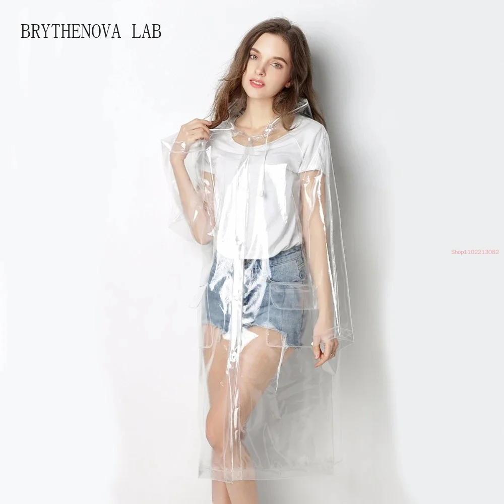 Super Transparent Raincoat for Women Fashion EVA Waterproof Poncho Rain Coat Reusable with Drawstring Hood