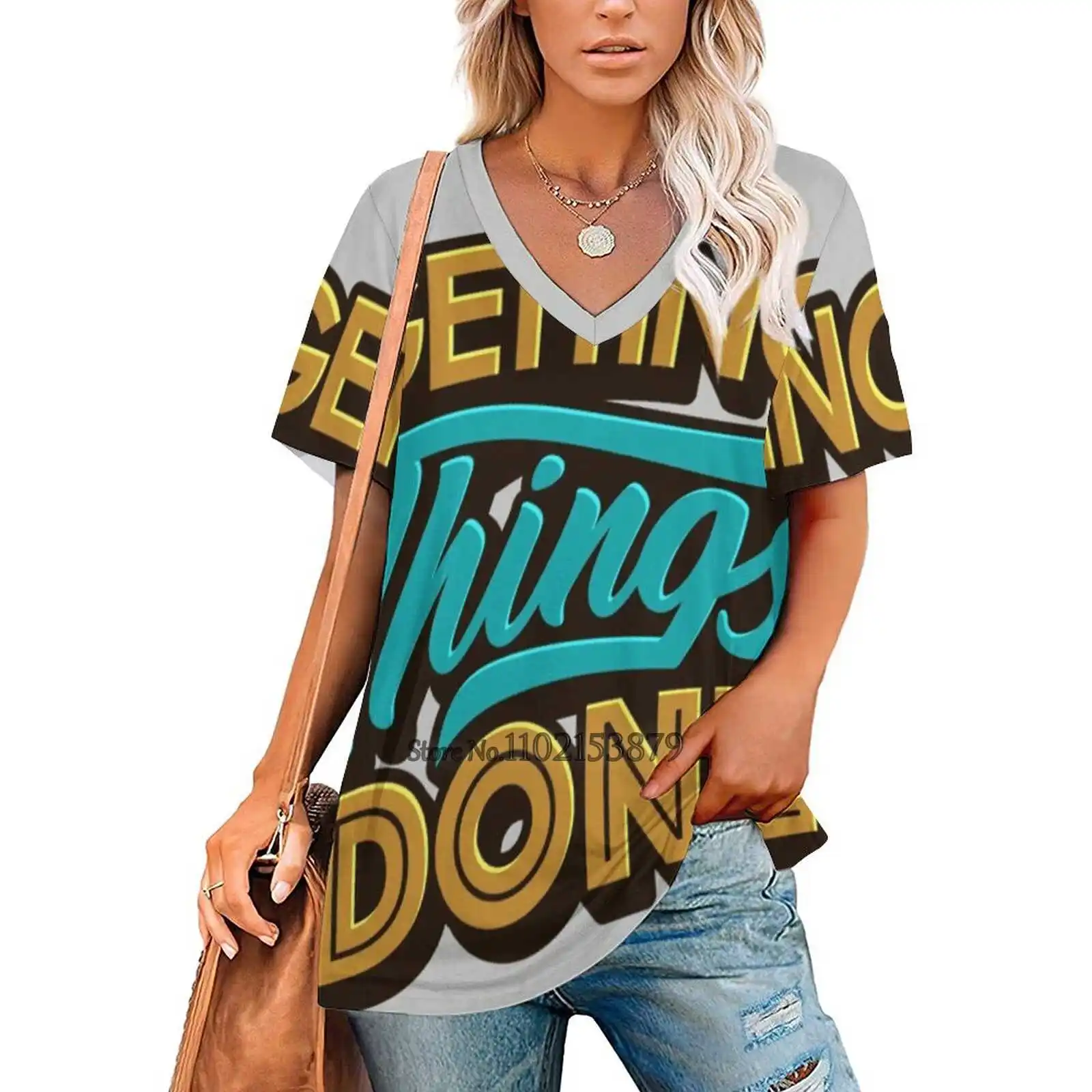 Getting Things Done2 Women's Clothing V-Neck Tops Zipper Tee Ladies Casual Sexy T-Shirt Getting Things Done Gettingthingsdone