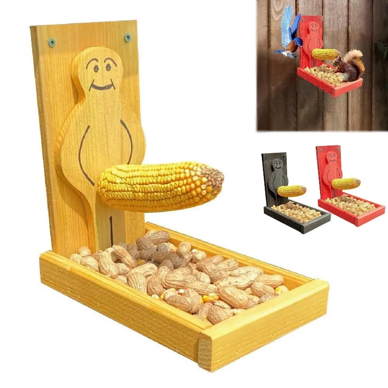 Wooden Funny Squirrel Feeder Hanging Durable Corn Peanut Bird Chipmunk Feeder for Outside with Solid Structure Garden Backyard