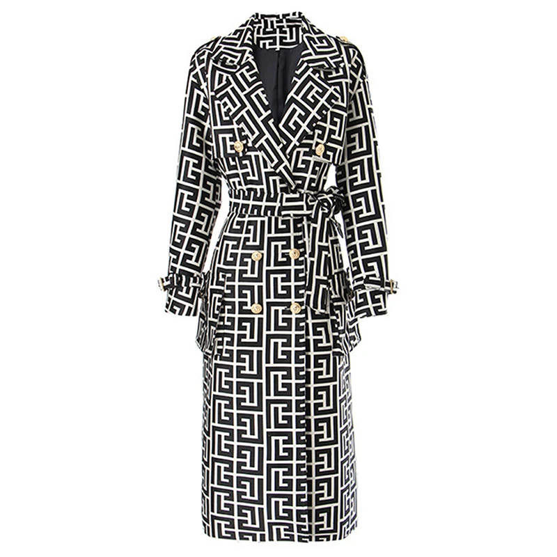 

HIGH QUALITY Newest Fall Winter 2024 Designer Women's Lion Buttons Geometrical Monogram Jacquard Belted Trench OverCoat