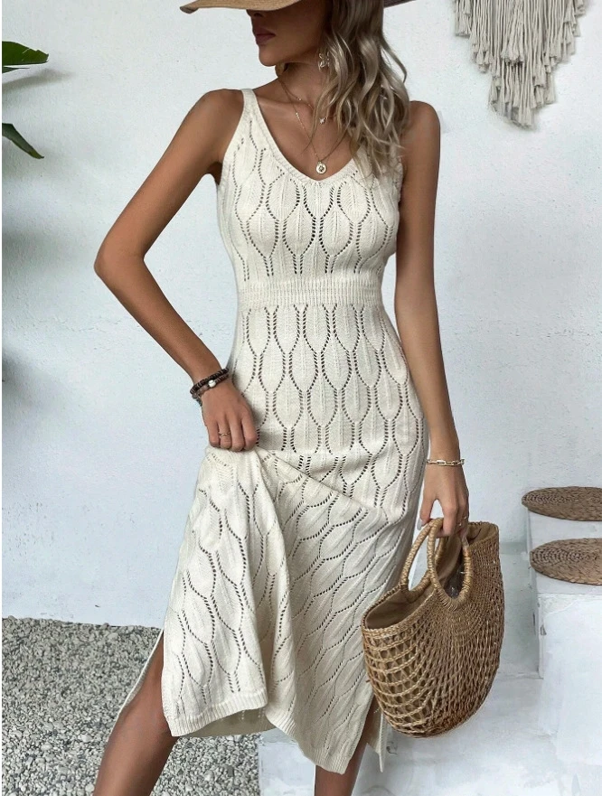 2024 Sexy Holle Perspectief Vakantie Vestidos Casual Rugloze Gebreide Tank Lange Jurk Vrouwen Vakantie V-Hals Mouwloze Boho Jurk