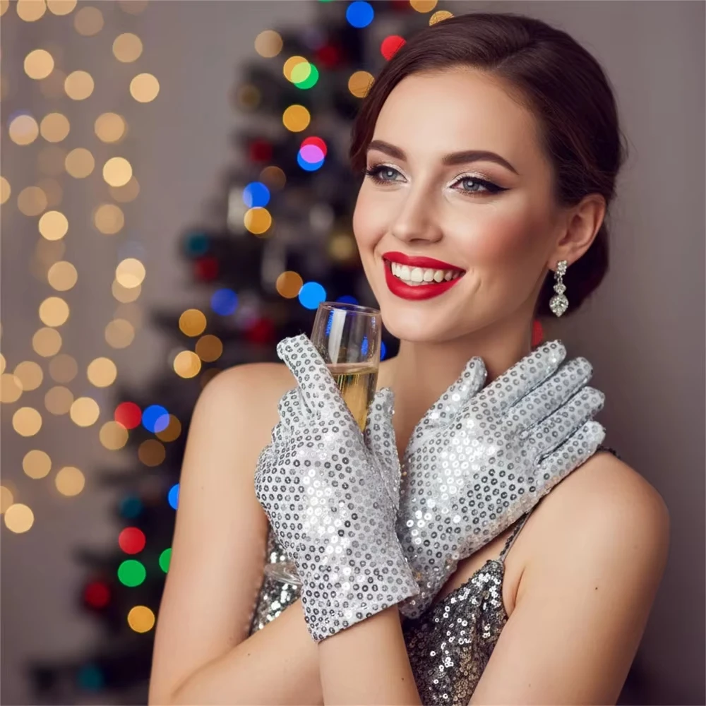 White Sequin Gloves for Dance Nightclub & Bar Performance Masquerade Ball Festival Costume Unisex Accessory for Men Women Dancer