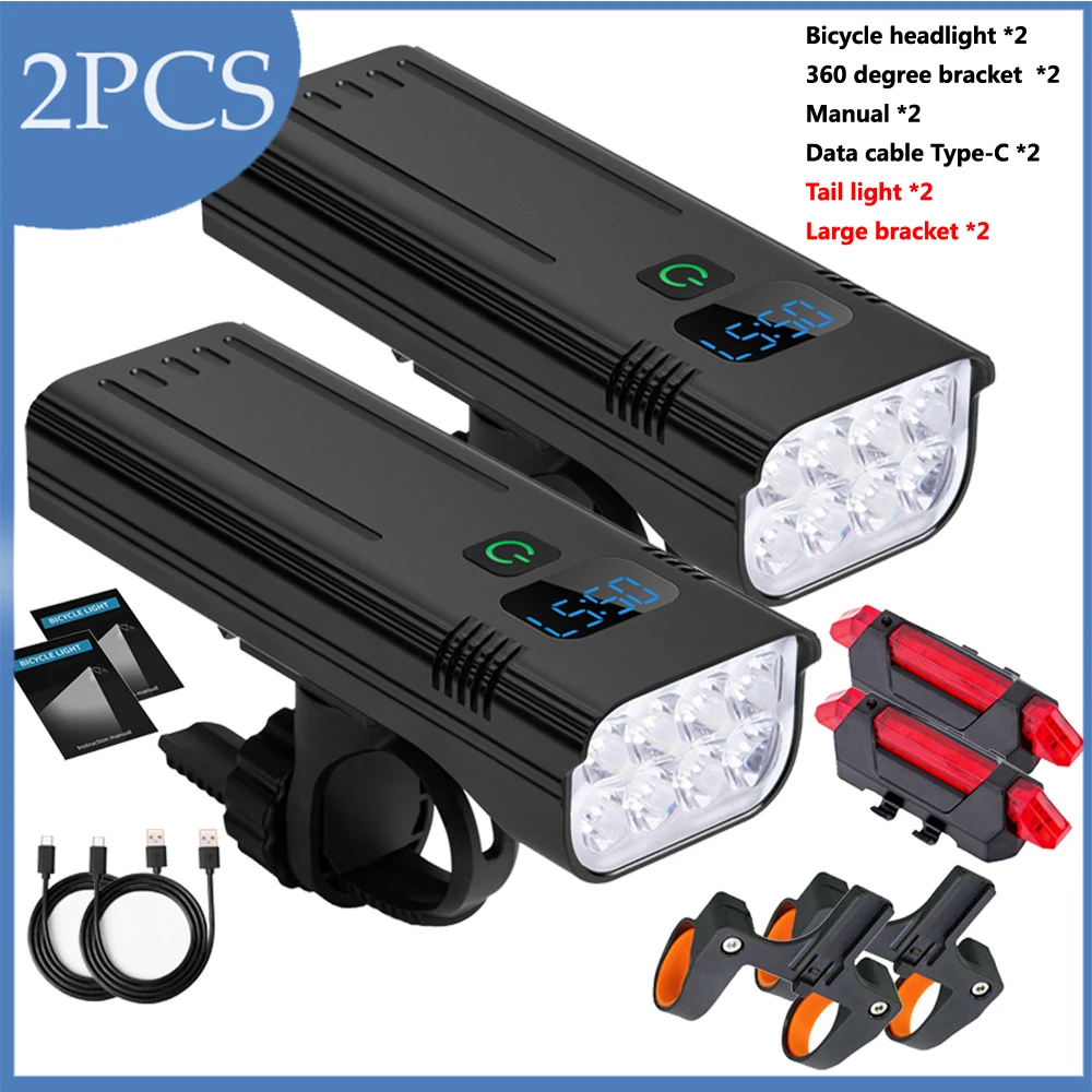 

2SETS 10000mAh Bicycle Light Alloy Housing Rechargeable Bike Light MTB 8LED Lights For Front And Rear Bicycles Bike Accessories