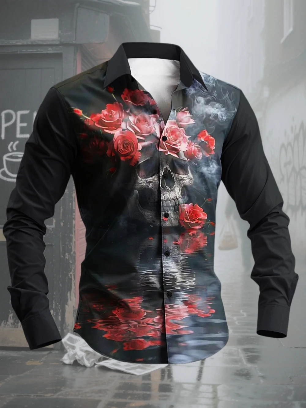 2026 Men's Shirt Gothic Skull Shirt Button up Long Sleeve Shirt Dark Punk Gothic Style Streetwear Y2k Top Fashion Men's Clothing