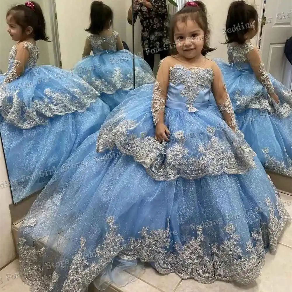 

Shiny Tiered Flower Girls Dress For Wedding Long Sleeve Sliver Lace Appliques Ball Gown Infant Communion Dress Kids Party Gowns