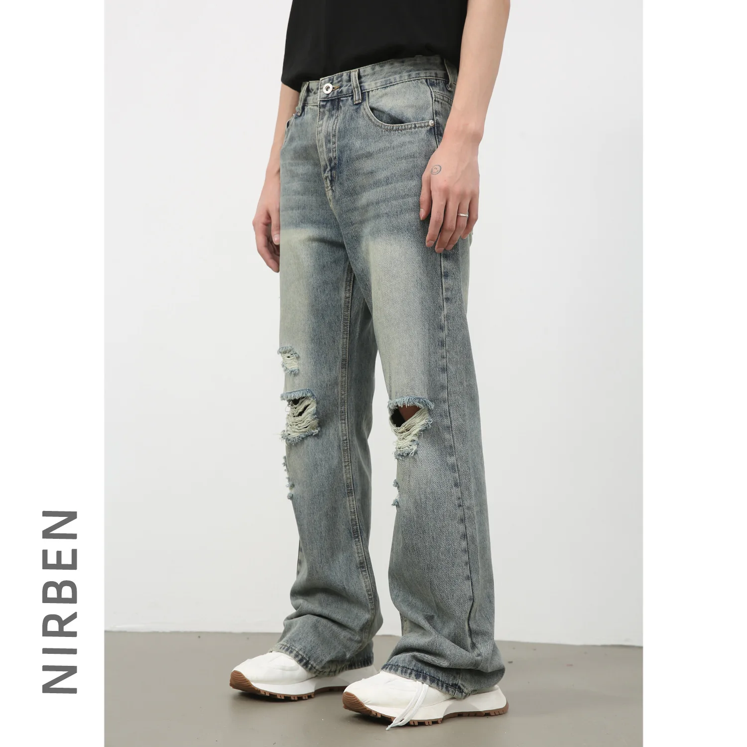 Denim New Ripped Jeans Men's American High Street Loose Straight Slightly Versatile Trousers
