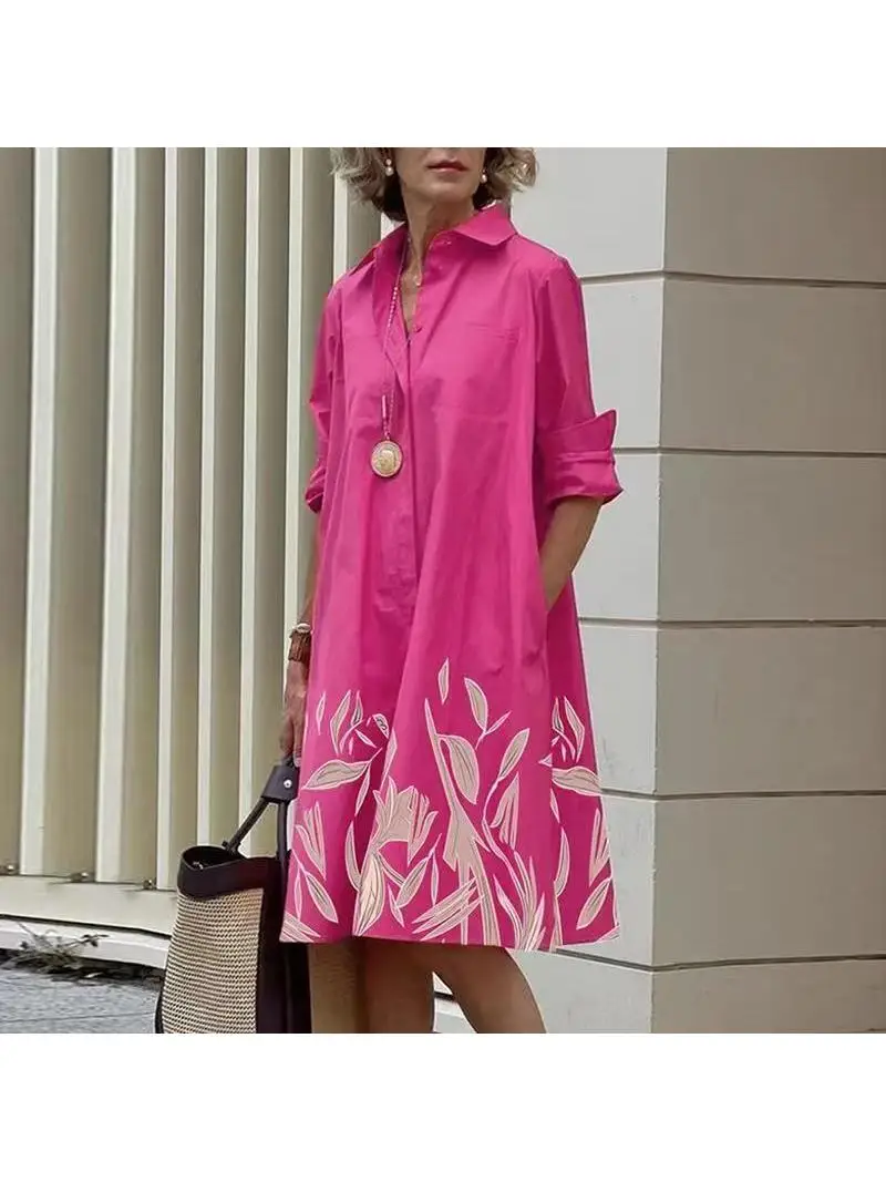 

Simple Print Midi Dress Sleeve Dress A-Line Skirt Long Sleeve Polyester Fabric European Style Casual Spring Fashion for Middl...