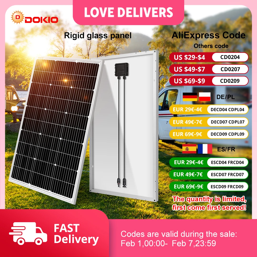 DOKIO 18V 100W-200W panneau solaire rigide chine panneau solaire étanche en silicium monocristallin # DSP-100M/DSP-100MX2 Camping/maison/RV