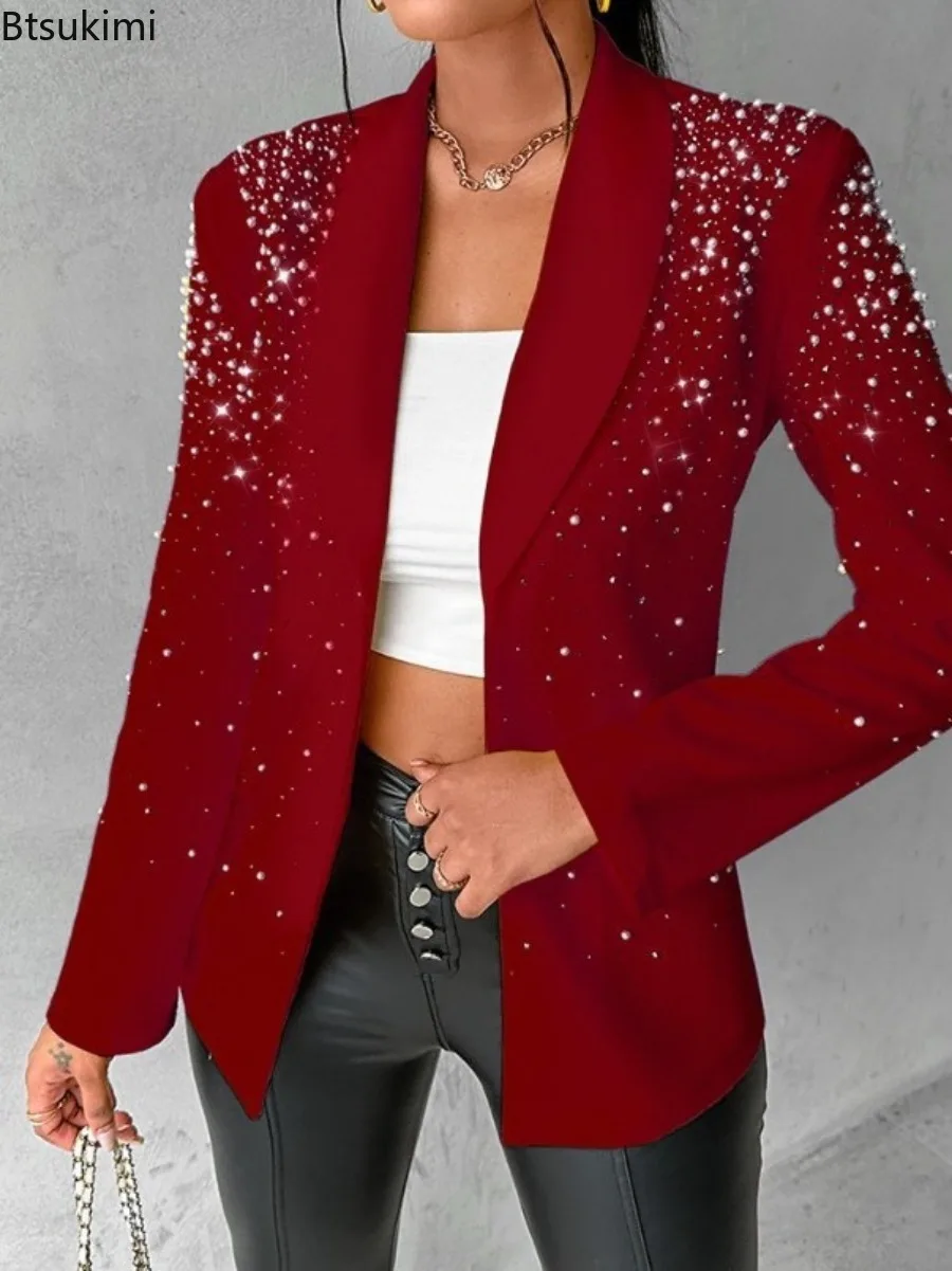 Blazer elegante con cuentas para mujer, chaqueta de manga larga con cuello de Chal, color liso, para trabajo y oficina, moda de otoño, 2024