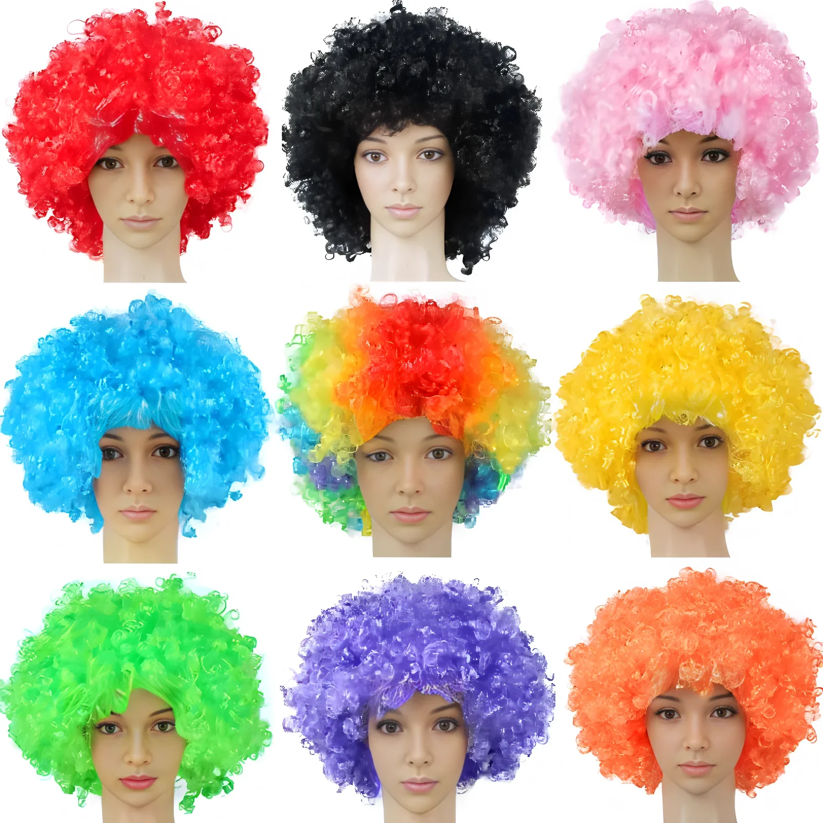 10pcs Rainbow Wig Cap Funny Clown Curly Afro Wigs Crazy 70's 80's Disco Theme Party Halloween Costume Prank Props