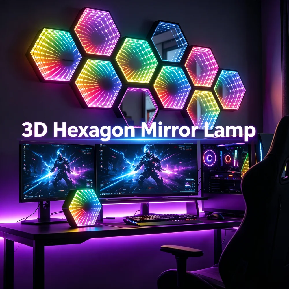 5V RGB Smart Wall Lamp Color Changing Ambient Night Light 3D Hexagonal Mirror Tunnel Light Music Rhythm Remote Control Game Room view 5