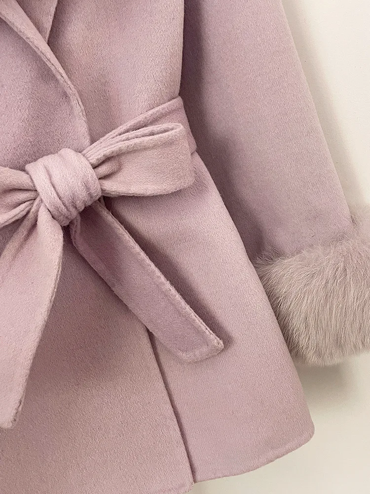 معطف نسائي أنيق من مزيج الصوف الخزامى من ZMEENNA مع أصفاد بياقة من الفرو الفاخر ملابس خارجية شتوية دافئة سترة قصيرة ZM4551 #6