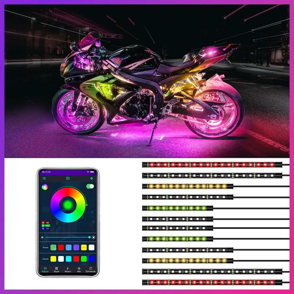 

Светодиодный мотоциклетный автомобильный атмосферный светильник для ног, пульт дистанционного управления, гибкий водонепроницаемый звуковой контроль, 12 В, RGB APP, декоративная лампа для мотоцикла, полоса